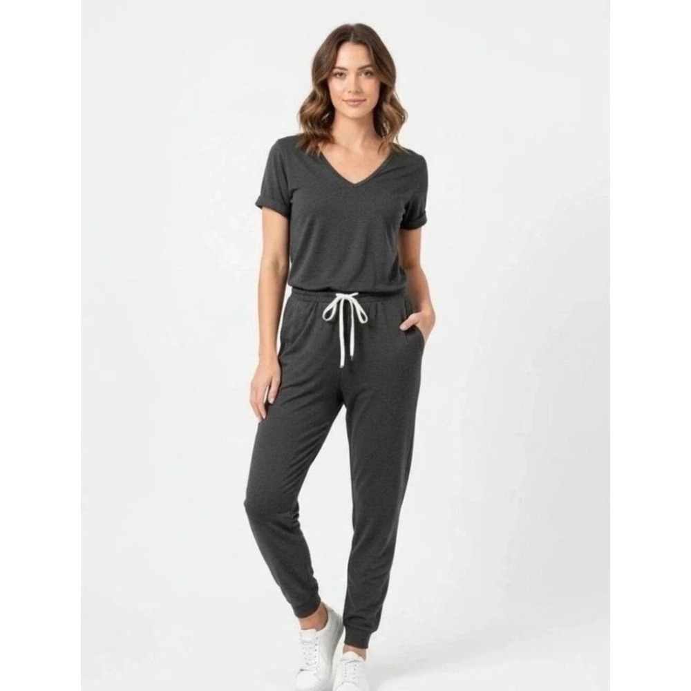 Vuori Women's Dreamknit All Day Short Sleeve Jumpsuit in Charcoal Gray XL